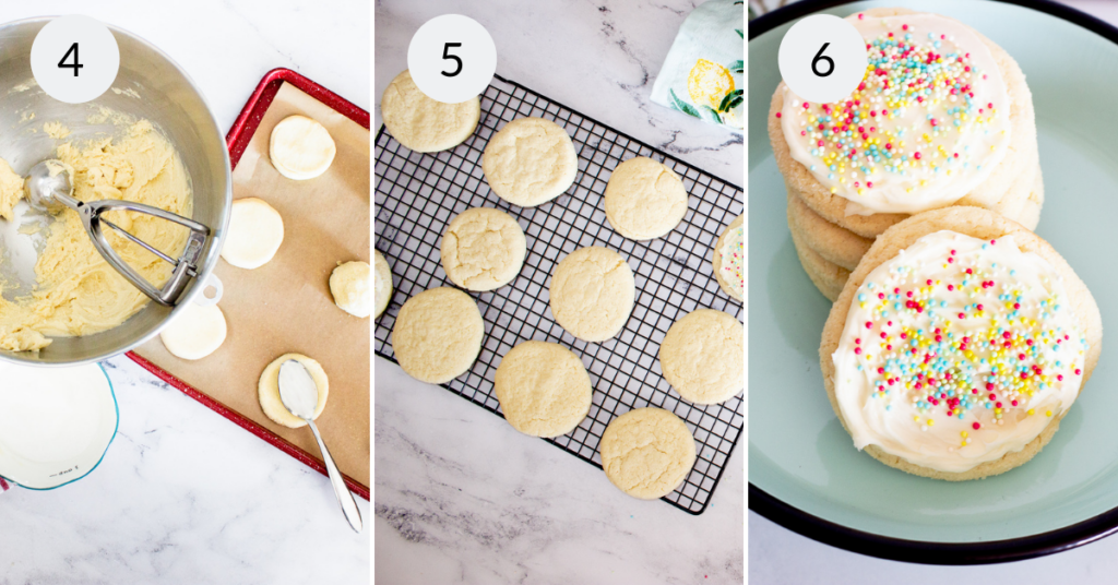 a collage of 3 images showing how to make and decorate sugar cookies with cake mix