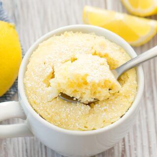 keto lemon mug cake with powdered sugar
