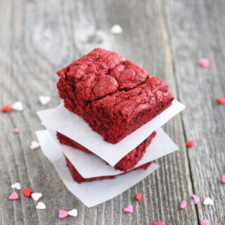 red velvet cake mix brownies stacked on top of each other