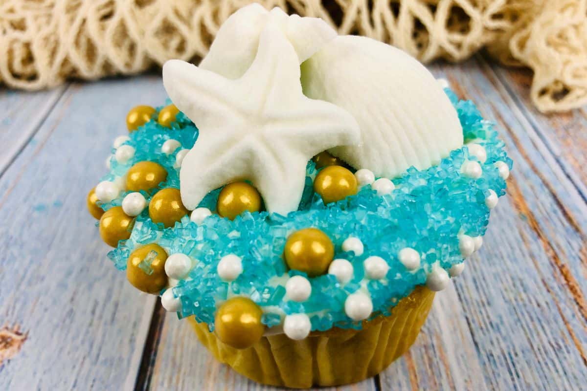 An adorable beach cupcake with sea shells.