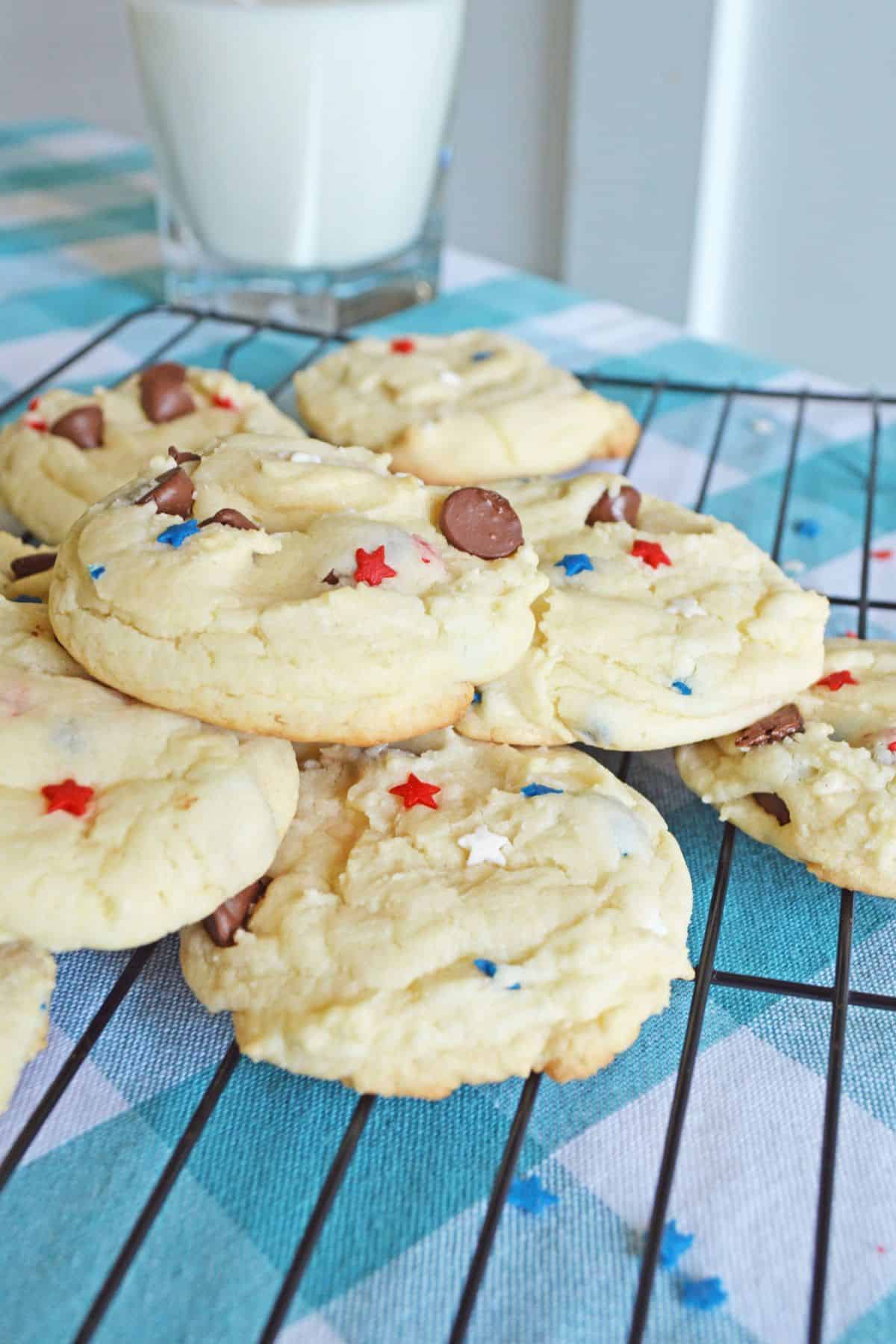 Cake Mix Chocolate Chip Cookies on a blue tablecloth.