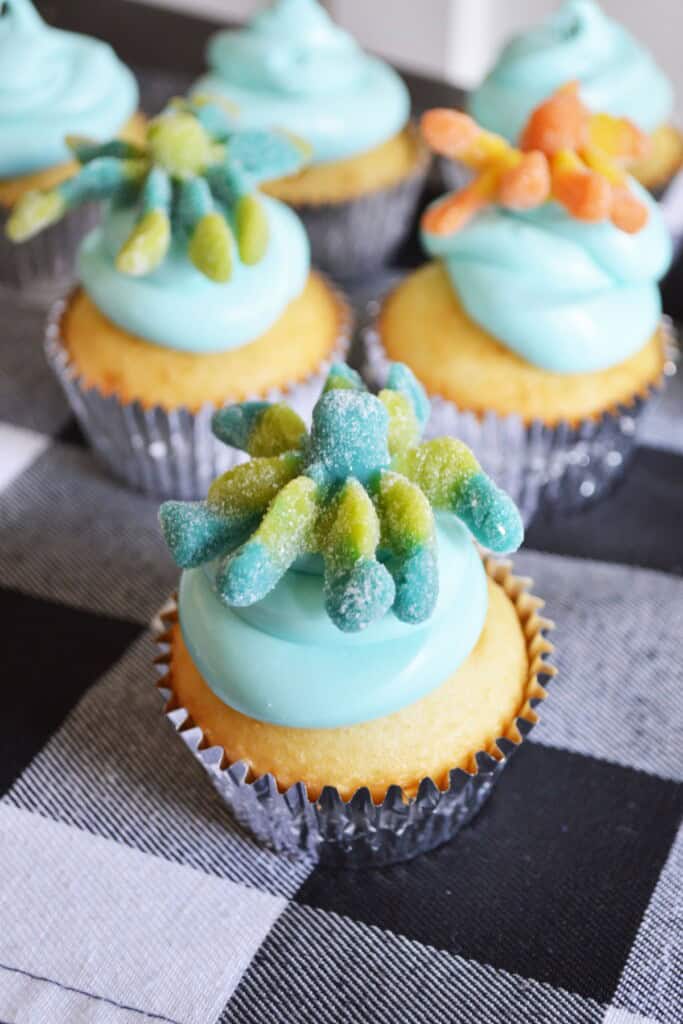 Easy octopus cupcakes with a candy on top.