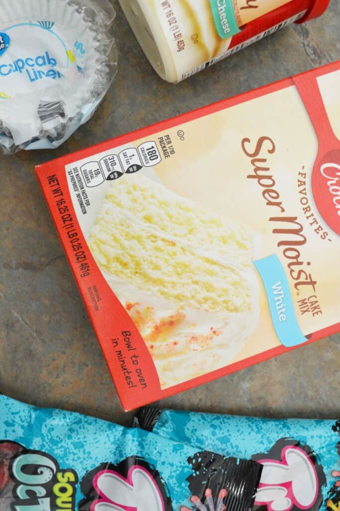 Cake mix, candy and frosting.