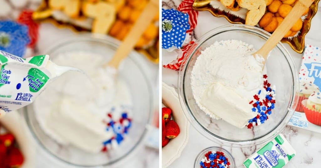 Images showing the preparation of the patriotic cake mix dip.