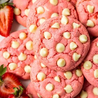pink strawberry cake mix cookies with white chocolate chips