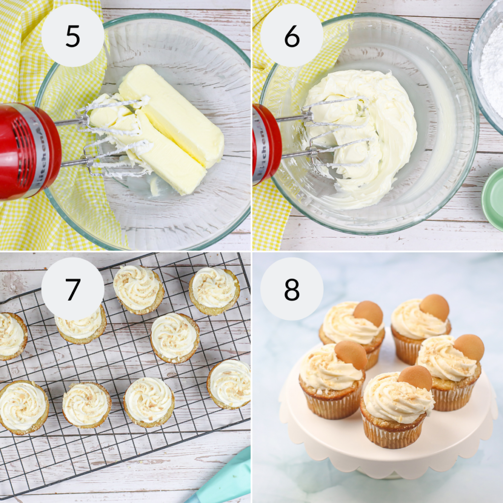 a collage of 4 images showing the steps needed to make the frosting for banana pudding cupcakes and the final product