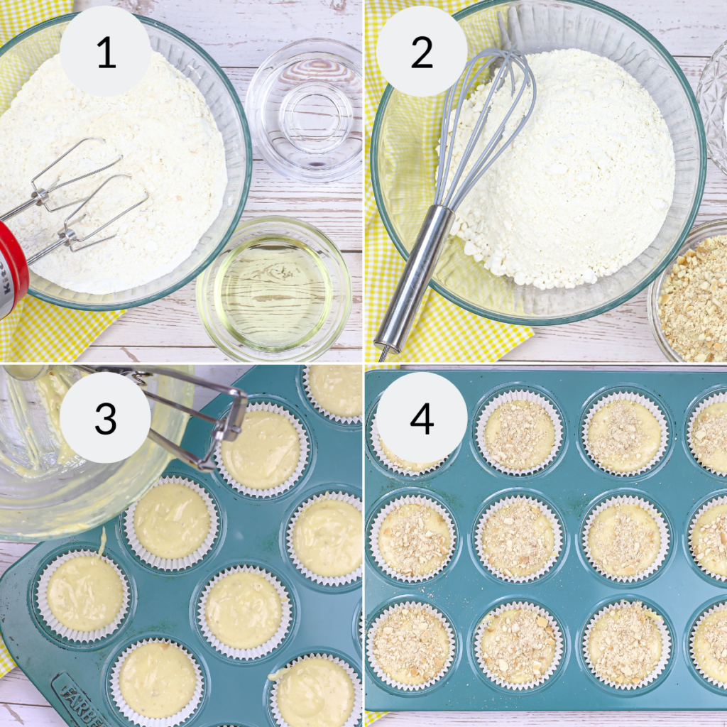 a collage of 4 images showing the steps needed to make the batter for banana pudding cupcakes