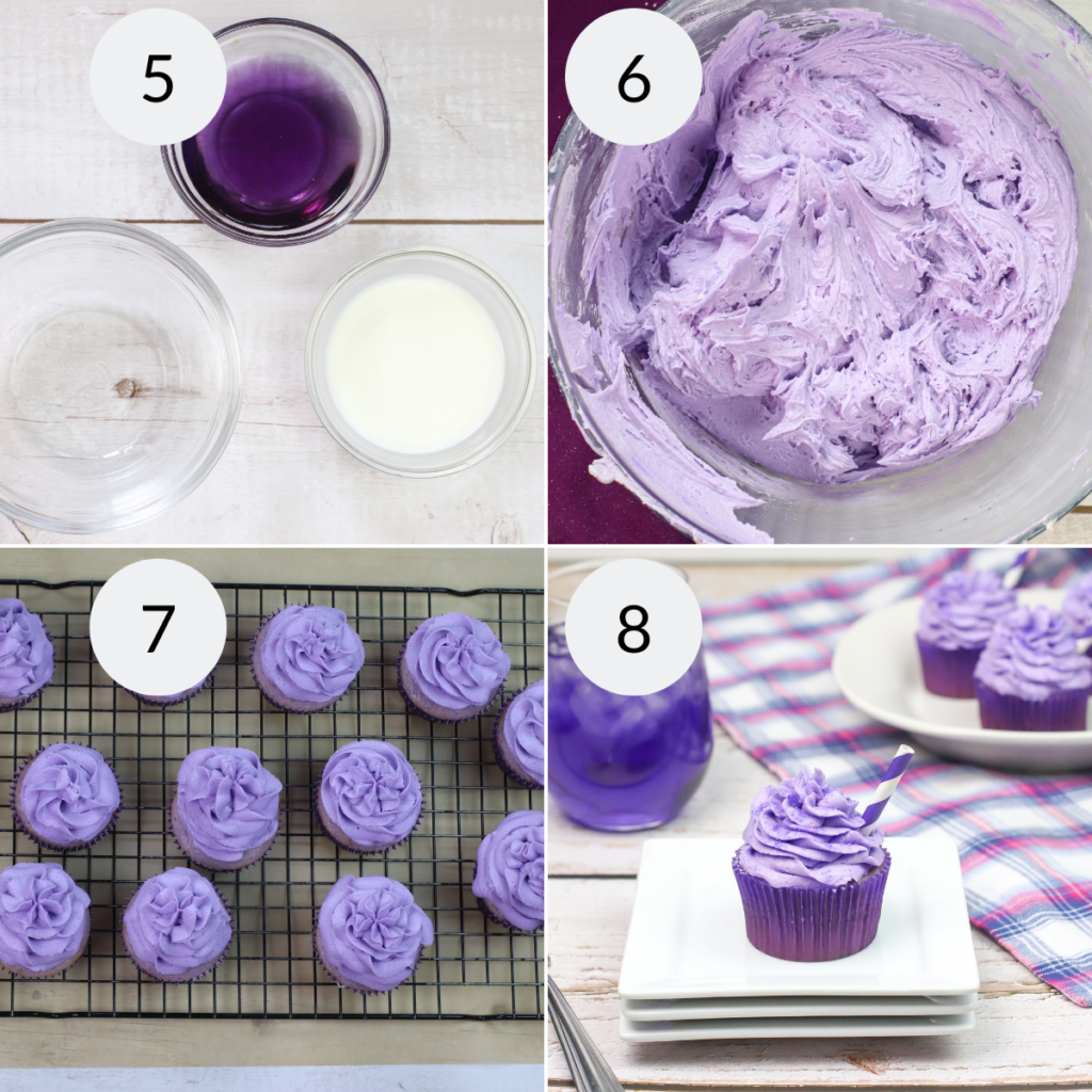 a collage of 4 images showing the steps needed to make the grape frosting to decorate the grape soda cupcakes