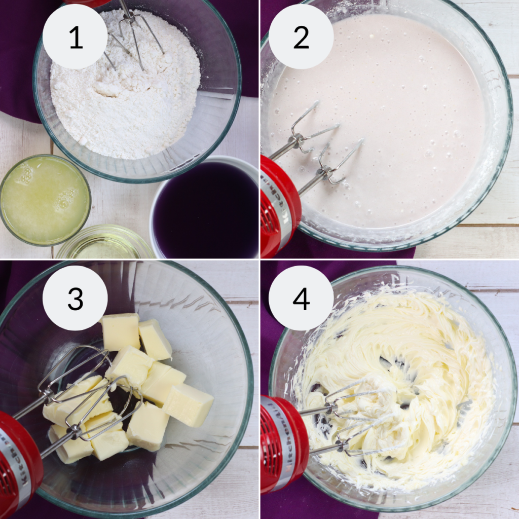 a collage of 4 images showing the steps needed to make the batter for soda cupcakes