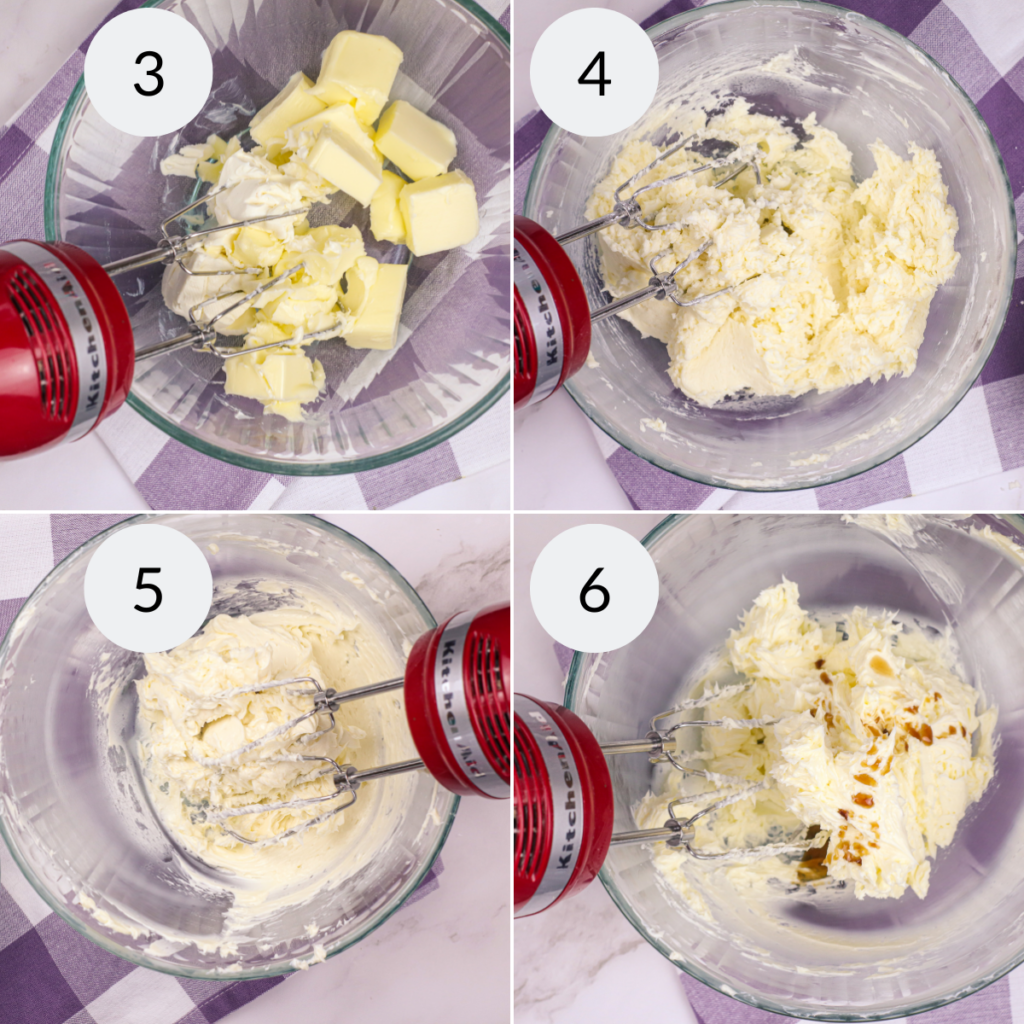 a collage of 4 images showing the steps needed to make frosting for the butterfinger dessert