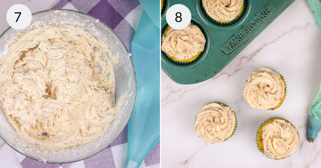 a collage of 2 images showing how to decorate butterfinger cupcakes