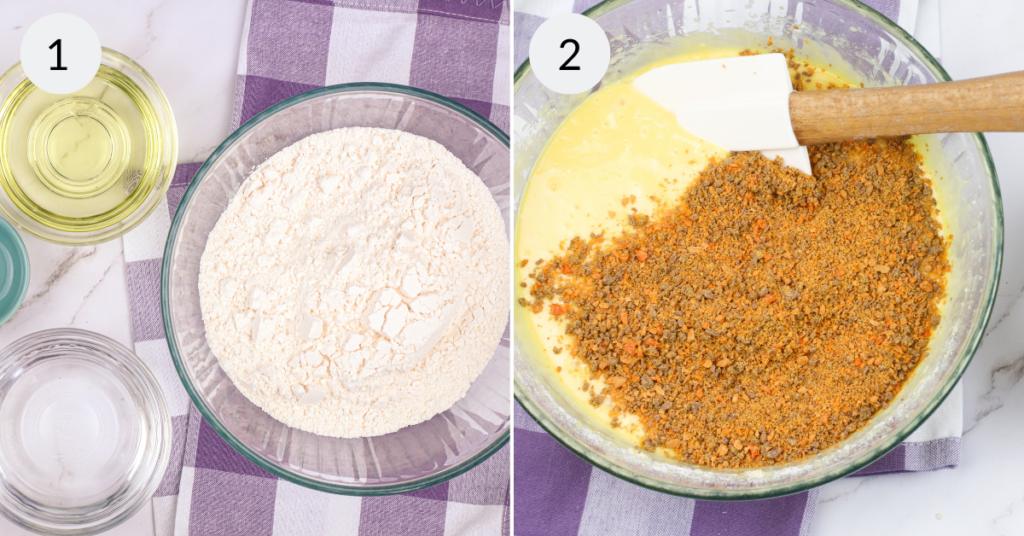 a collage of 2 images showing how to make the batter for a butterfinger cake recipe