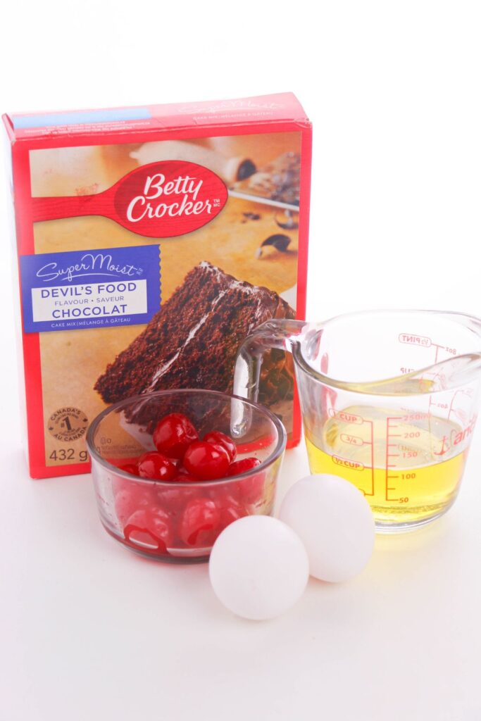Chocolate Covered Cherry Cookies ingredients, chocolate cake mix boxed, cherry, oil and eggs. 