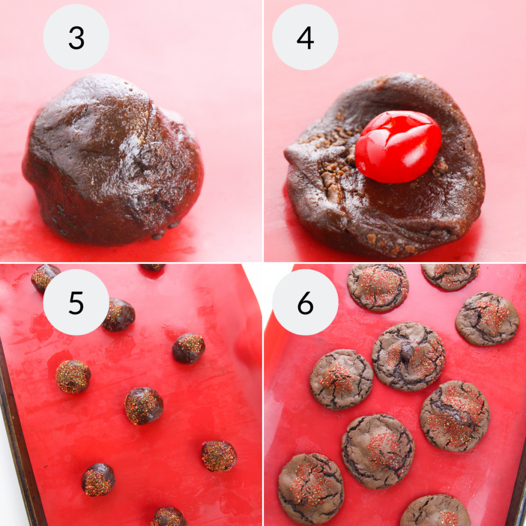 a collage of 4 images showing the steps to make chocolate covered cherry cookies