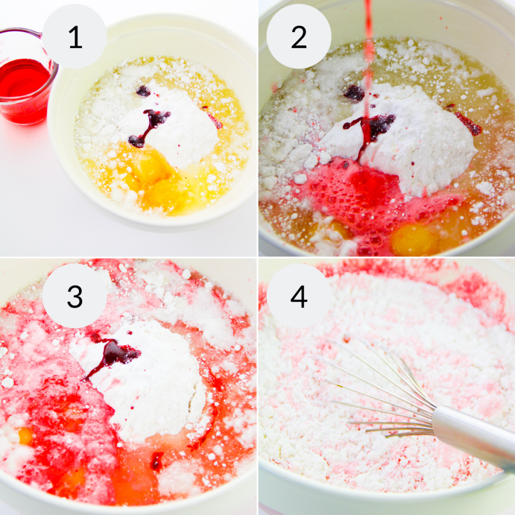 a collage of 4 images showing how to make the batter for the strawberry cupcakes recipe