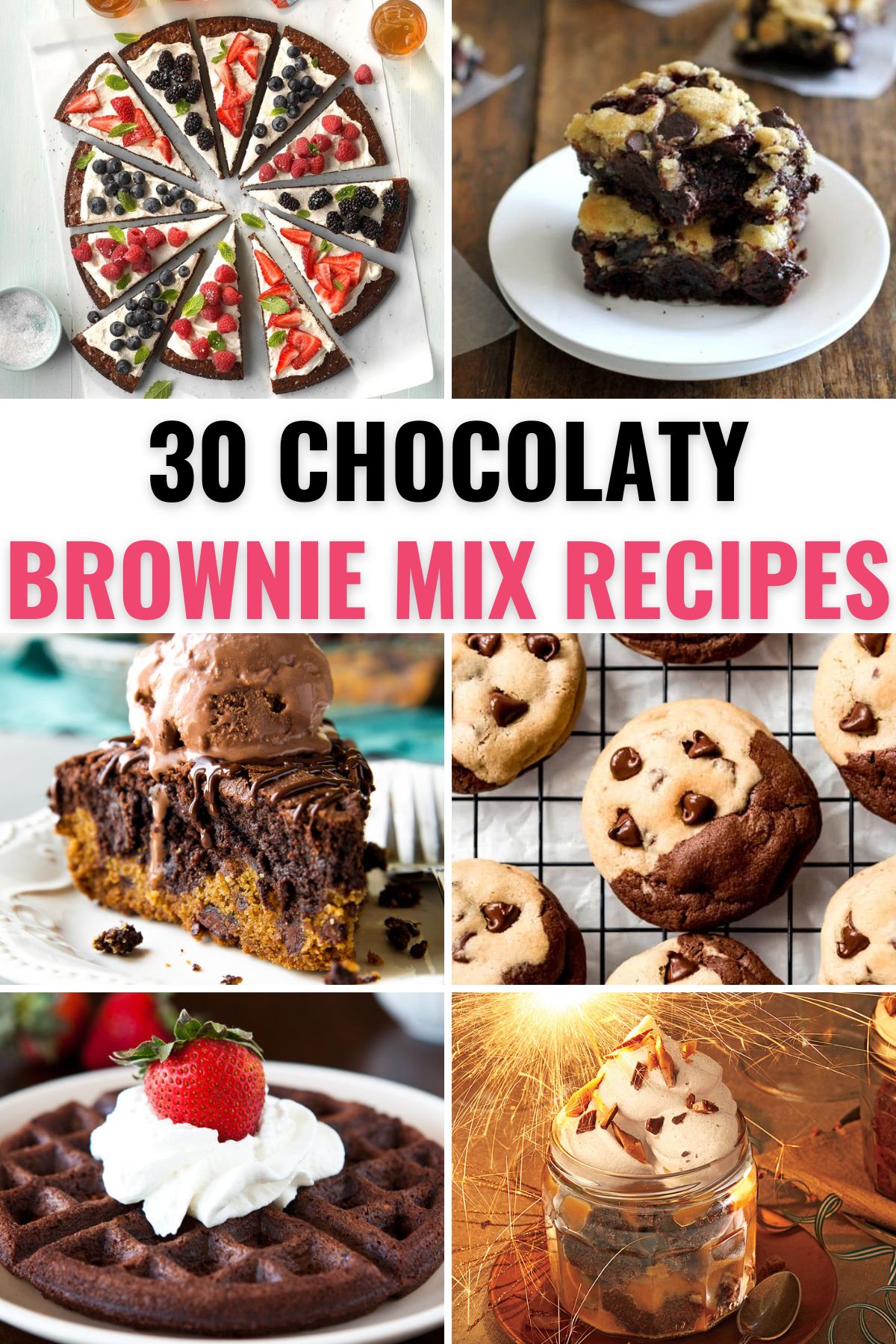 a collage of 6 images of treats made from box brownie mix recipes with title text reading 30 Chocolaty Brownie Mix Recipes