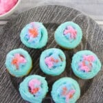 A top shot of cotton candy cupcakes.