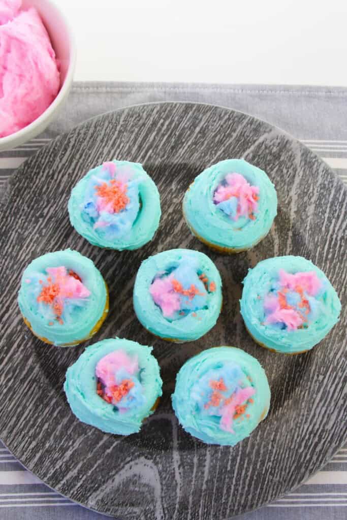 A top shot of cotton candy cupcakes.