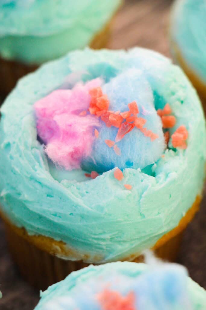 A single close up on the cotton candy cupcake.