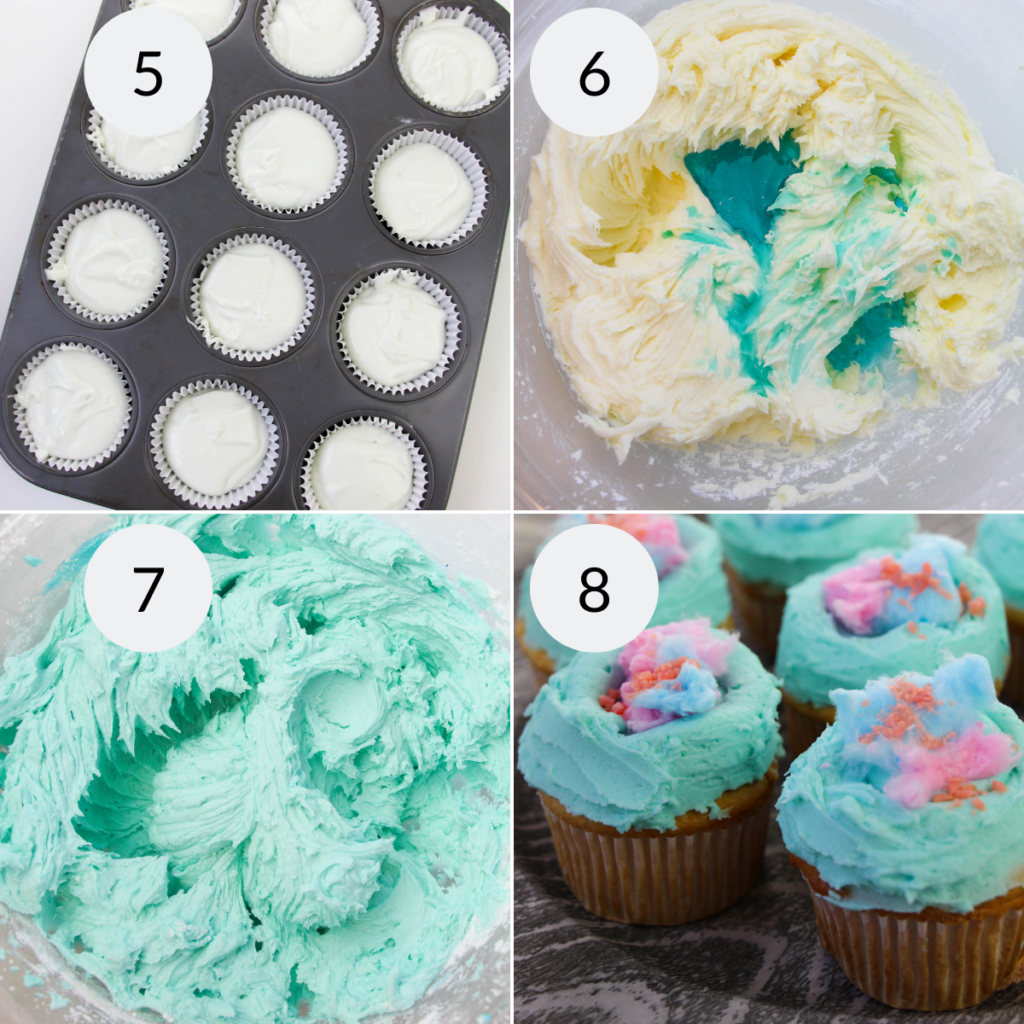 a collage of 4 images showing the steps needed to make the frosting for the themed cupcakes