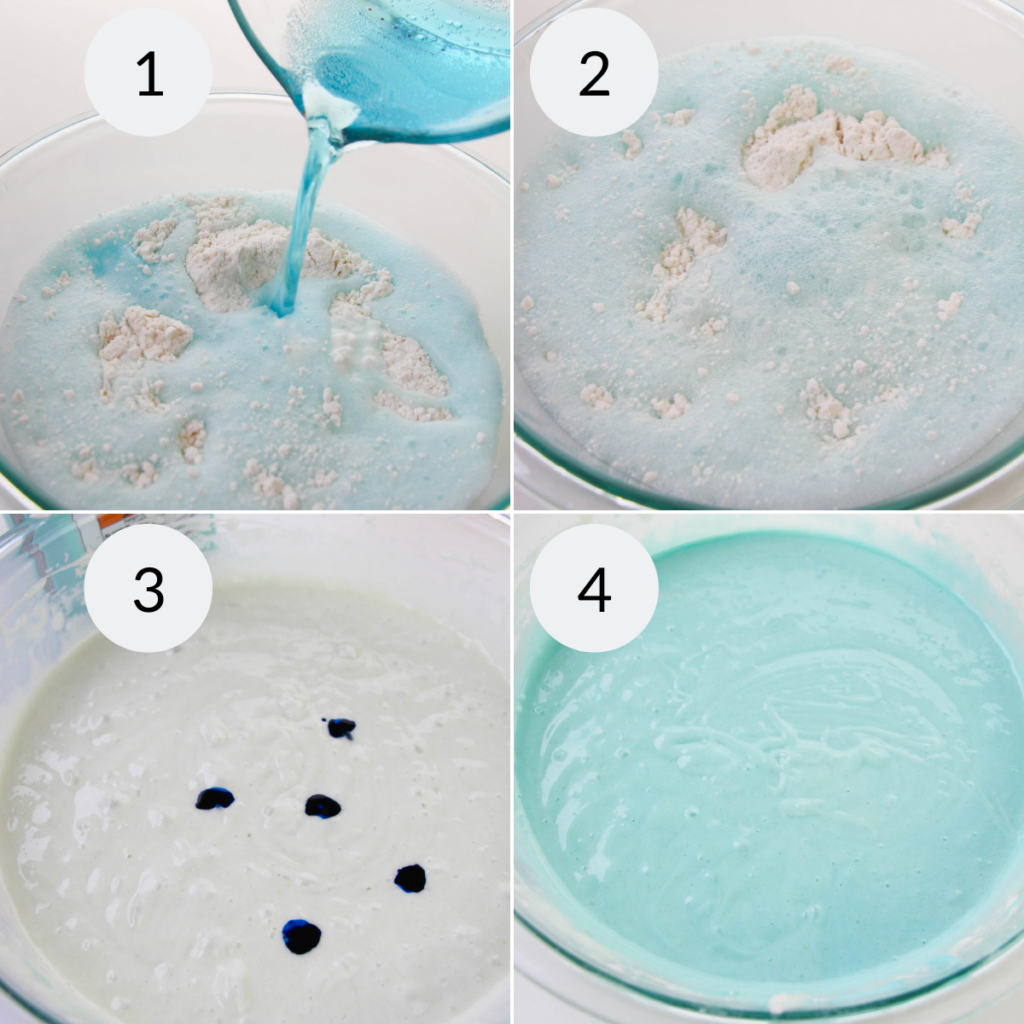 a collage of 4 images showing the steps needed to make the cotton candy cake batter