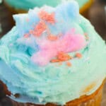 A close up on the cotton candy cupcake.