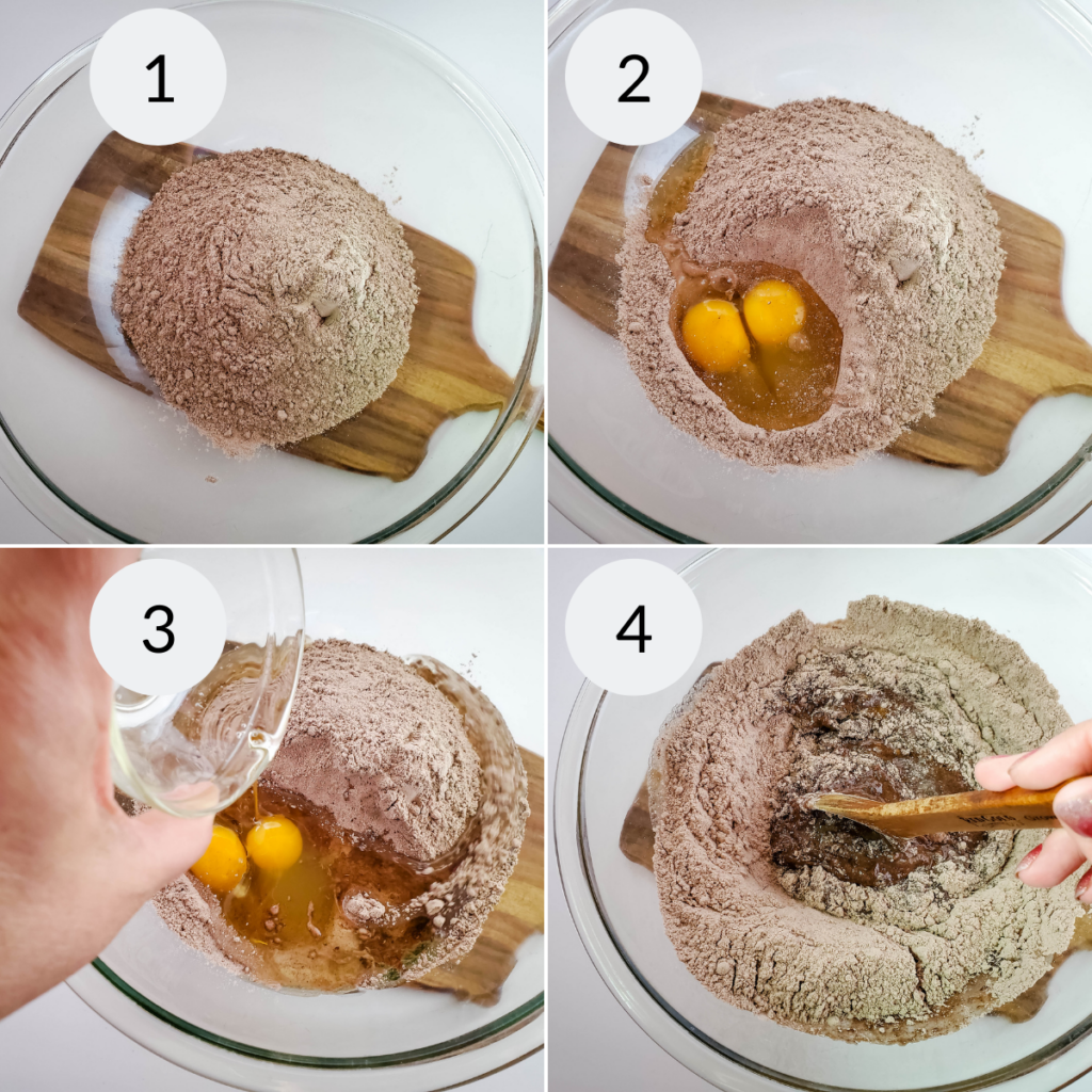 a collage of 4 images showing the steps needed to make the batter for walnut chocolate chip cookies