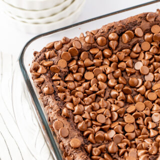 casserole dish filled with chocolate pudding dump cake