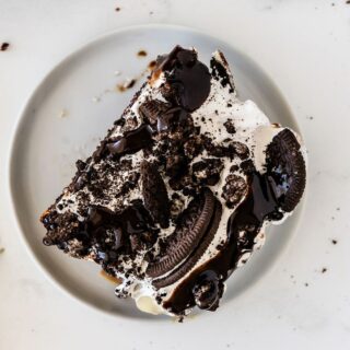 a slice of cake made with oreo cake mix on a white plate