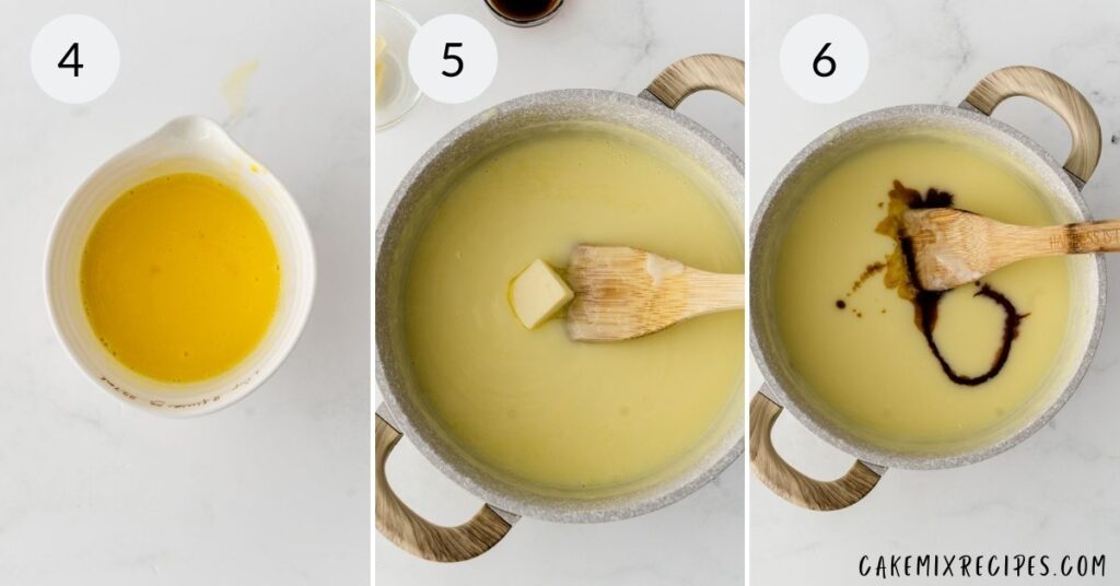 a collage of 3 images showing the steps in making the pudding for the recipe for jello poke cake