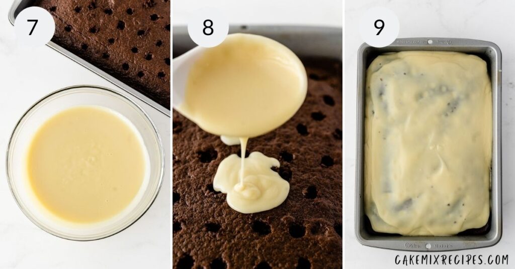 a collage of 3 images showing the steps in adding the pudding to the recipe for jello poke cake