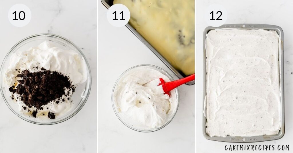 a collage of 3 images showing the steps in making topping for the recipe for jello poke cake