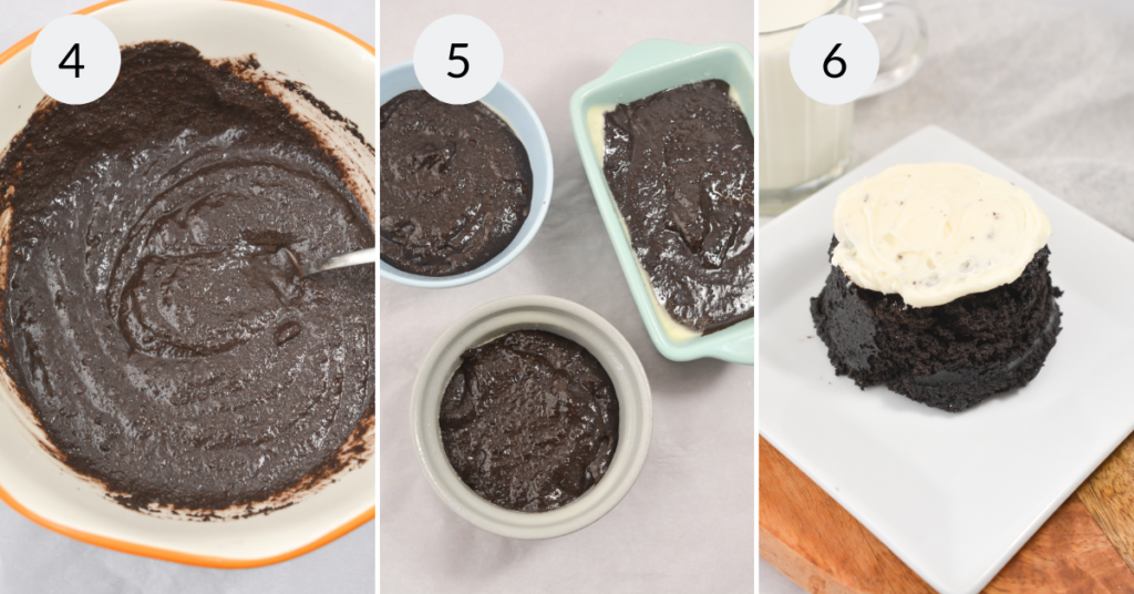 a collage of 3 images showing how to bake and decorate an oreo cake