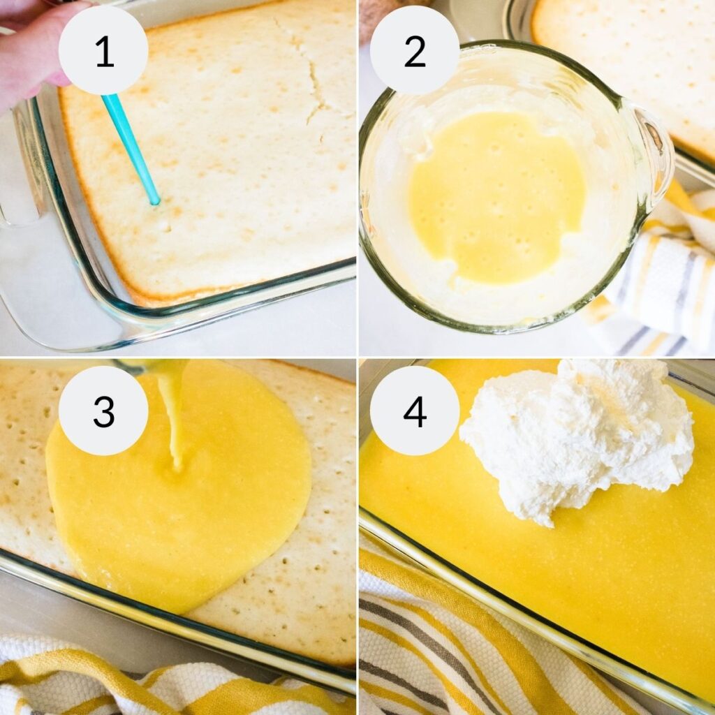 a collage of 4 images showing the steps needed to make the pina colada cake recipe