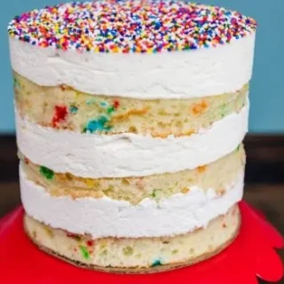 Layered vanilla funfetti cake with white icing and rainbow sprinkles on top