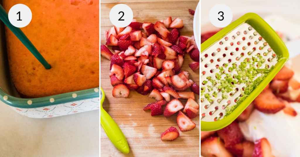 a collage of 3 images showing the steps needed to prepare the ingredients for making a margarita cake