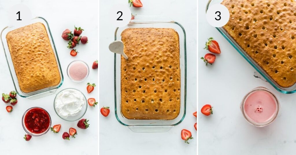 a collage of three images showing the steps needed to make strawberry poke cake recipes