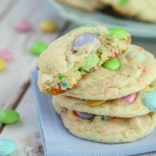 funfetti cake mix cookies with colorful m&ms