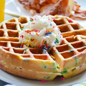 funfetti waffle with rainbow sprinkles and cool whip on top