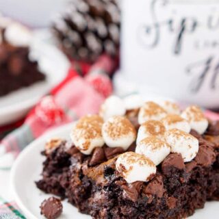 Hot chocolate dump cake with toasted golden brown marshmallows on top