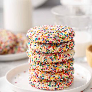 Funfetti cake mix cookies covered in rainbow sprinkles