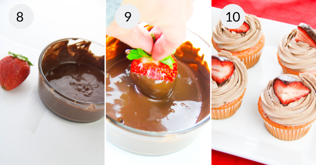 a collage of 3 images showing the steps needed to put the chocolate covered strawberries on the cupcakes