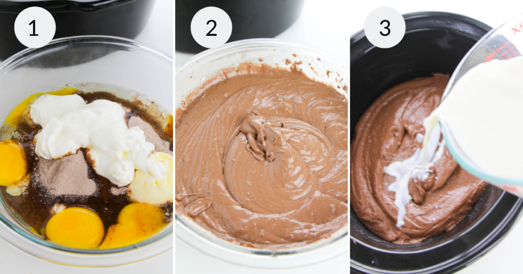 a collage of 3 ingredients showing the steps needed to make the batter for crock pot lava cake