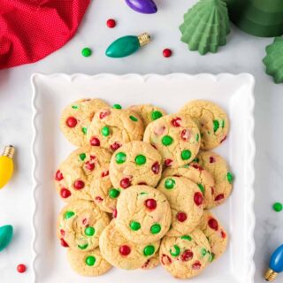 Christmas cake mix cookies with red and green m&ms