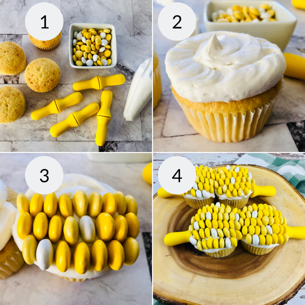 a collage of 4 images showing the steps needed to make fun summer cupcakes