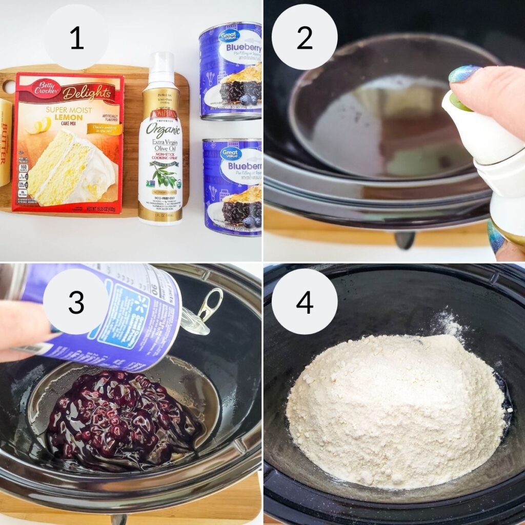 a collage of 4 images showing the steps needed to make crockpot dump recipes 