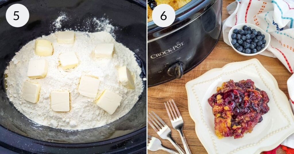 a collage of 2 images showing the final steps needed to make dump cake in the crock pot 
