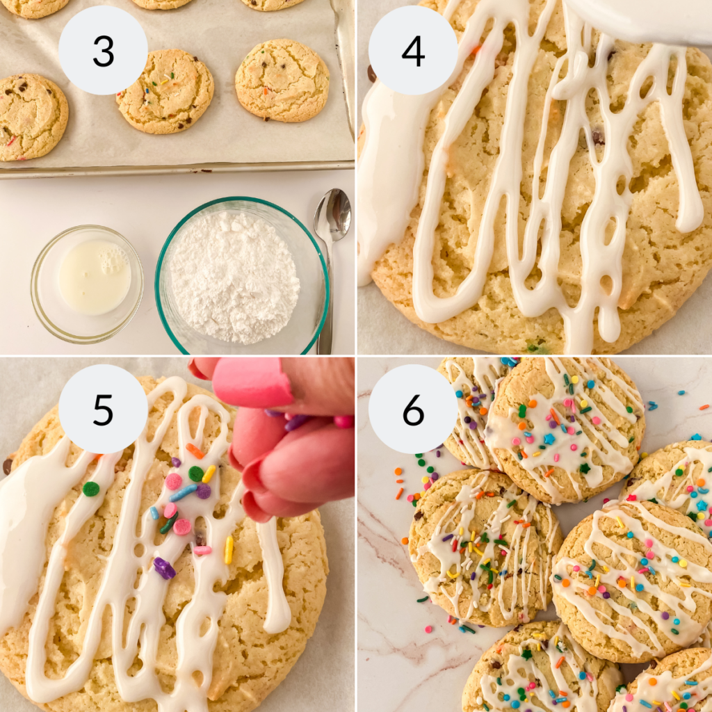 a collage of 4 images showing the steps needed to decorate the funfetti cake mix cookies