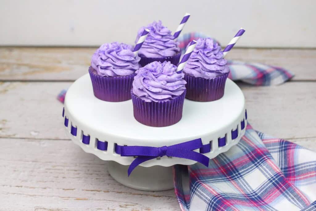 A tray of grape soda cupcakes.