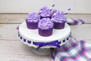 A tray of grape soda cupcakes.